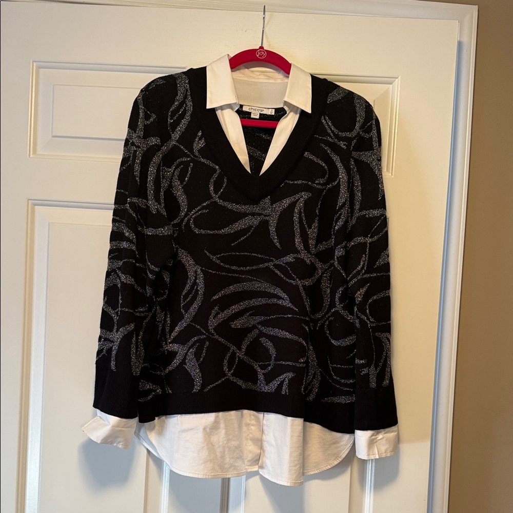 Chico's Black and Silver V-Neck Sweater